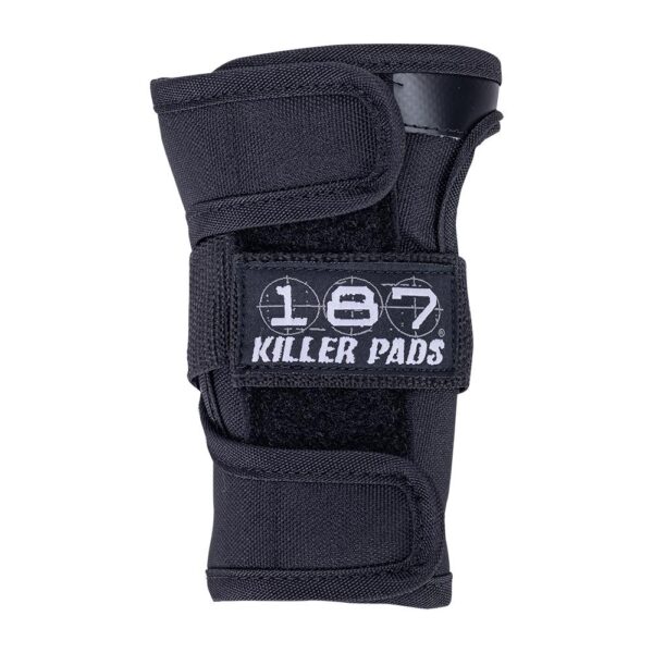 Closeup of a left 187 Killer Pads wrist guard in black with white logo
