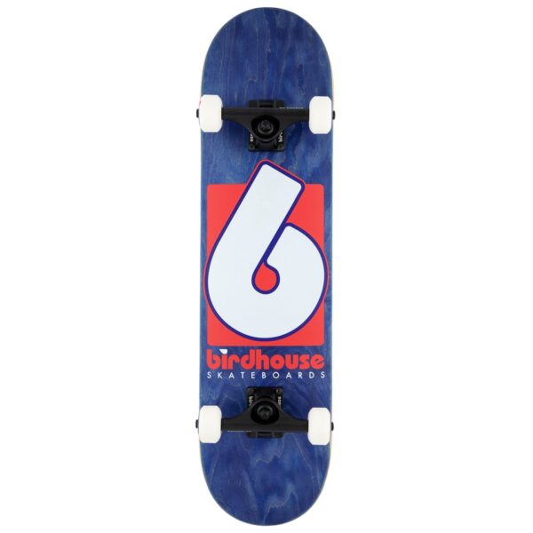 Birdhouse B Logo Complete Skateboard on a blue woodgrain background