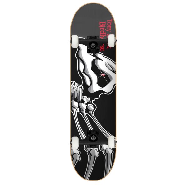 Birdhouse Complete Level 3 Falcon 1 Skateboard with black background and white Falcon skeleton design
