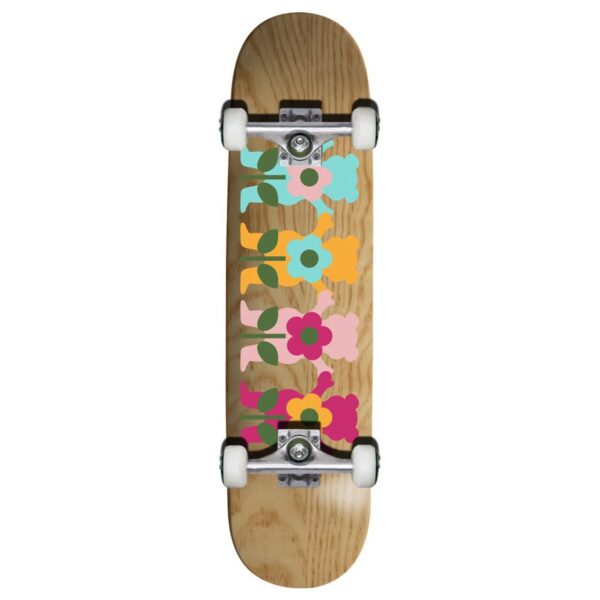 Image of the Grow Up Complete Skateboard by Grizzly featuring colorful Grizzly cutout characters and flowers on the deck