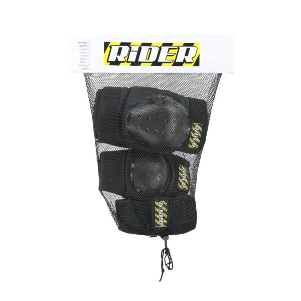 Rider Tri-Pack Pad Set - Complete skateboarding protective gear, neatly packed in a breathable mesh bag featuring the iconic yellow and black Rider logo