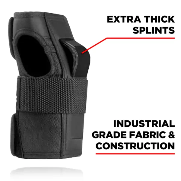 Black 187 wrist guard with an arrow pointing to the extra thick splint, industrial grade fabric and construction