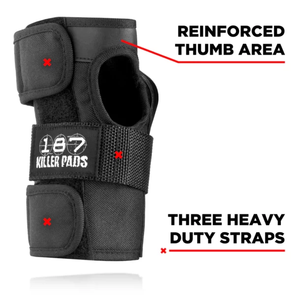 Black 187 wrist guard with an arrow pointing to the reinforced thumb area and three heavy duty straps