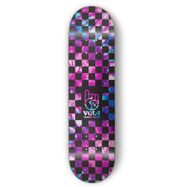 Volume 1 skateboard deck with pink and blue checker design.