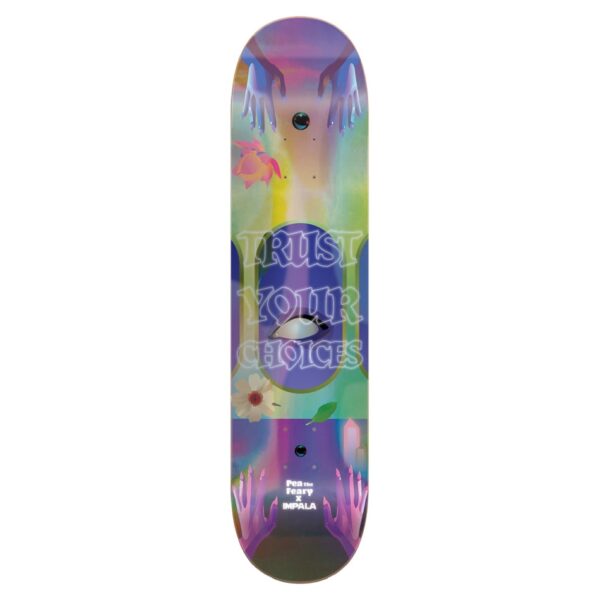 Close-up of the bottom graphic of the Impala Mystic Skateboard Deck