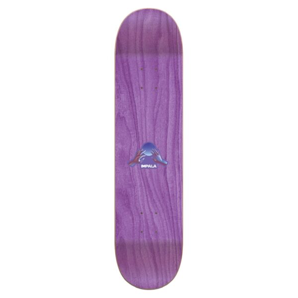 Long shot of the Impala Mystic Skateboard Deck showcasing the top graphic and beautiful purple wood grain