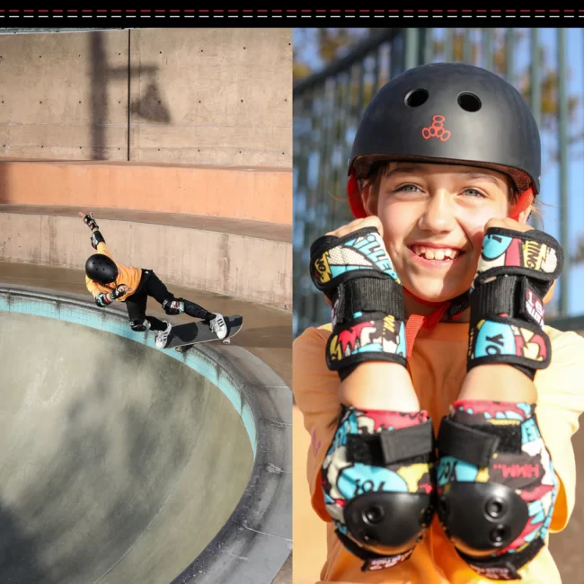 A child on a skateboard riding a large bowl while wearing 187 Killer Pad elbow pads and a helmet, and posing for the camera with a smile.
