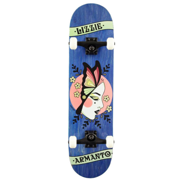 Lizzie Armanto Butterfly Skateboard with blue woodgrain deck and cultural performance mask and butterfly graphic.