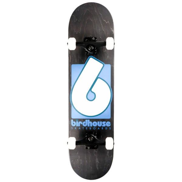 Birdhouse B Logo Complete Skateboard with white wheels and black trucks on a black woodgrain deck with light blue Birdhouse B logo design.