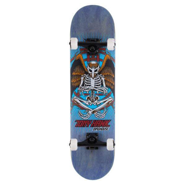 Birdhouse Birdman complete skateboard with Tony Hawk pro model and blue woodgrain design featuring a graphic of a skeletal human/bird hybrid figure with red and black writing at the bottom.