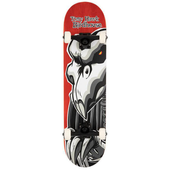 Birdhouse Falcon Red complete skateboard with black trucks, white wheels, and a red deck with a bird skeleton creature graphic in the center. Tony Hawk and Birdhouse logos are visible on the top of the board.