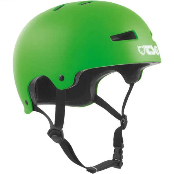 TSG Evolution helmet for skateboarding in Lime Green with white TSG logo at the front and black straps and clip.