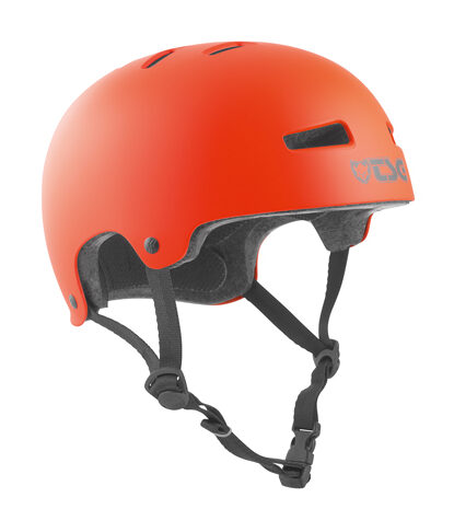 TSG Evolution youth helmet for skateboarding in Satin Orange with grey TSG logo at the front and black straps and clip.