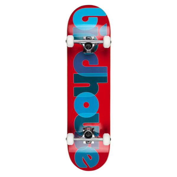 Birdhouse Opacity 8.0 Level 1 Complete Skateboard with polished silver trucks and white wheels on a bright red background with overlapping blue text spelling out BIRDHOUSE.