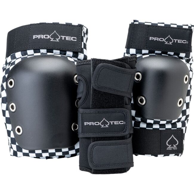 A set of Protec street skateboarding pads in the checker colorway, including knee, elbow, and wrist guards for young skaters.