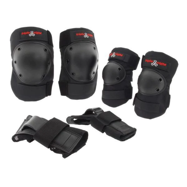 A set of Triple 8 pads in black including wrists, knees, and elbows protection