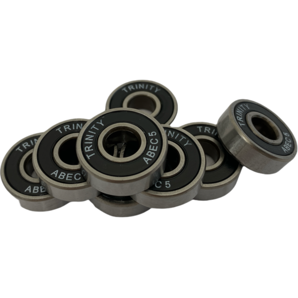 Trinity ABEC-5 Bearings stacked, black shields and stainless steel casing.