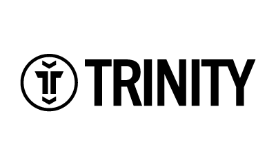 Trinity brand logo with black T shape, downward arrowheads, and wordmark on white background.