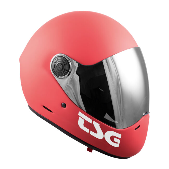 Matte red TSG Pass Pro full-face helmet with mirrored visor