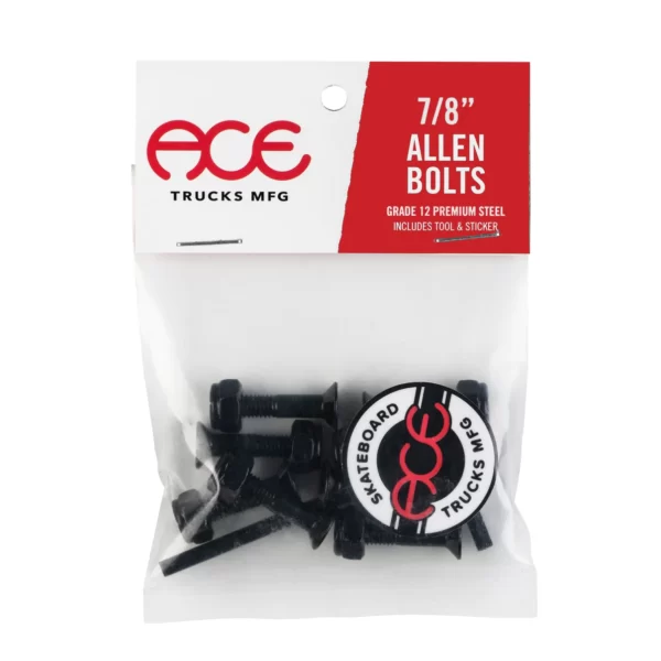 Packaging of Ace skateboard bolts with red and black logo and black on white background. The packaging displays black Allen bolts, an Allen tool and Ace Trucks logo sticker.