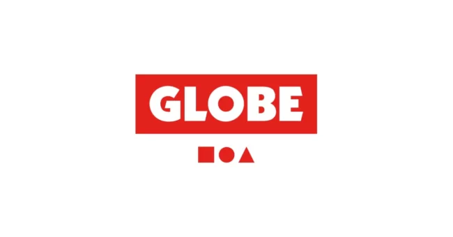 White GLOBE text on red rectangular block background with small square, circle, and triangle shapes underneath.