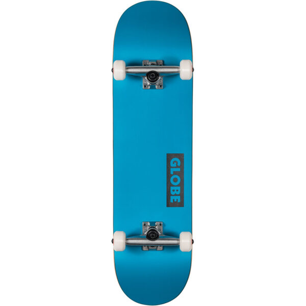 Neon blue Globe Goodstock complete skateboard with Tensor alloy trucks and white wheels.
