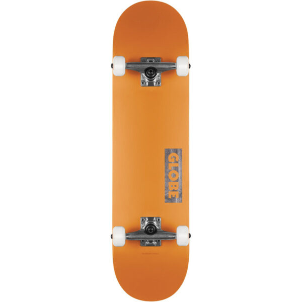 Neon orange Globe Goodstock complete skateboard with Tensor alloy trucks and white wheels.