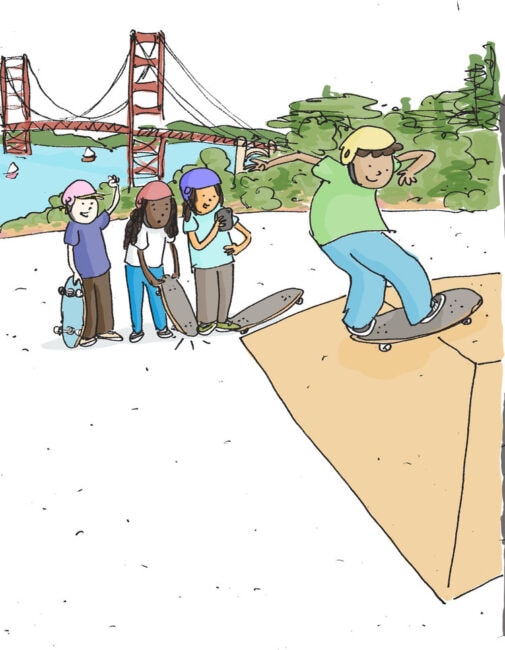 Skater performing a frontside rock with the Golden Gate Bridge in the background, surrounded by cheering skate buddies.