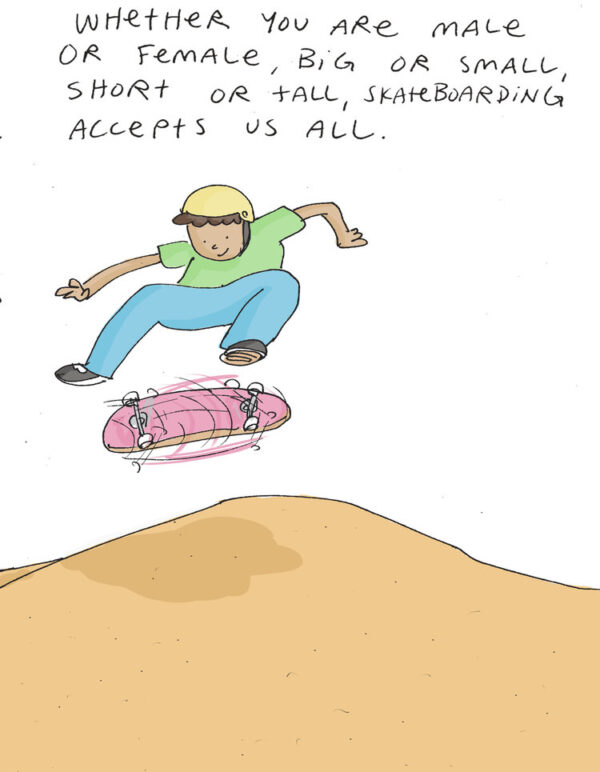 Cartoon skater performing a kickflip on a tan bank, wearing a yellow helmet and skate clothes.