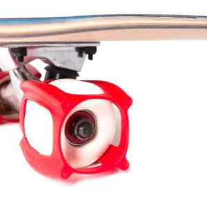 White skateboard wheel with red Skater Trainers attached.