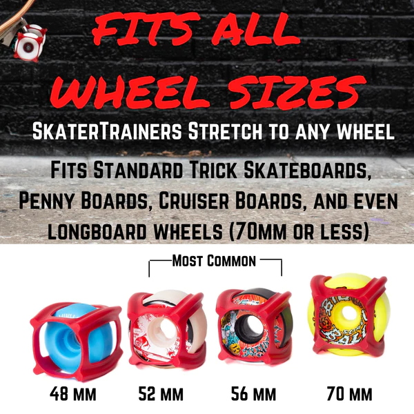 Four skateboard wheels with Skater Trainers installed in different sizes.