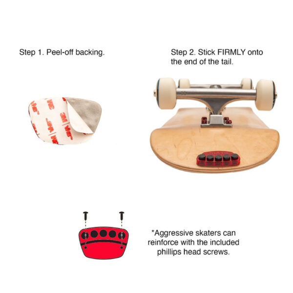 Three-step process for attaching a Tail Devil spark plate to the tail of a skateboard.