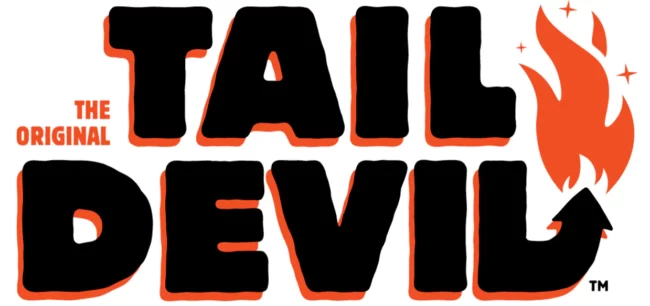 The Tail Devil logo with black font text 'The Tail Devil' and red shadowing, featuring the letter L turning up like a devil tail with sparks emitting from it, and smaller text saying 'the original'.