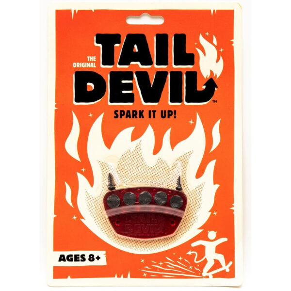 Tail Devil spark plate packaging with skater and devil-themed design, label indicating suitable for ages 8 and up.