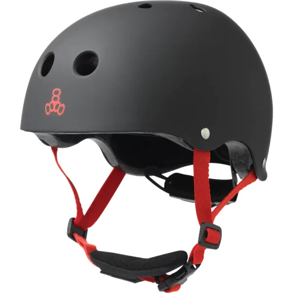 Black Rubber Triple 8 Lil 8 Certified Helmet with red logo and strap