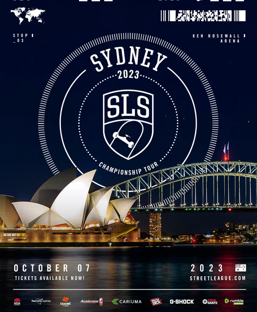 Poster for the Sydney Street League event at Ken Rosewall Arena on October 7th. Features an image of the iconic Sydney Harbour with information about the Street League event overlaying this.
