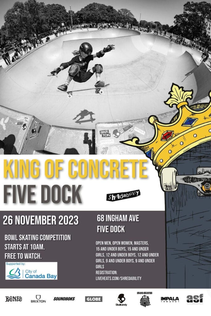 King of Concrete at Five Dock 2023 event poster featuring a skater performing a frontside ollie over the channel in the Five Dock bowl. The poster displays the event date, event details, and the King of Concrete logo