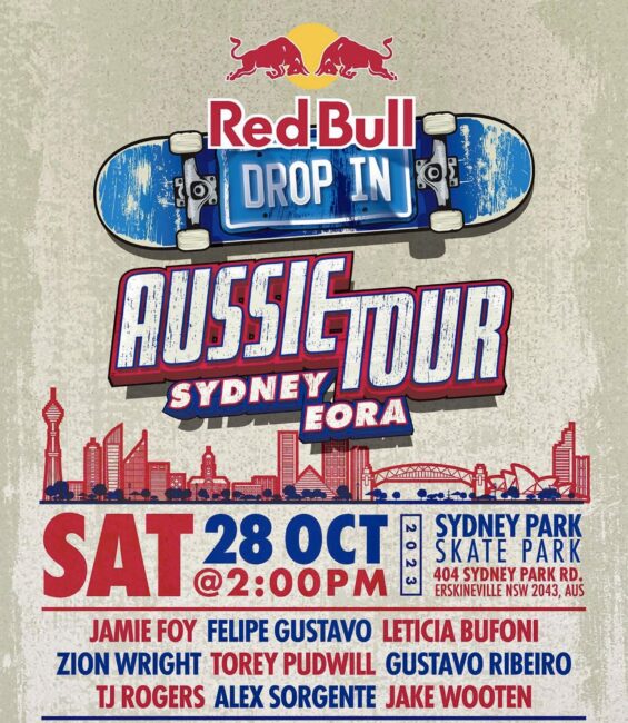 Red Bull Drop In Tour Sydney Eora poster with event information, skateboarding and local city visuals, as well as date details.