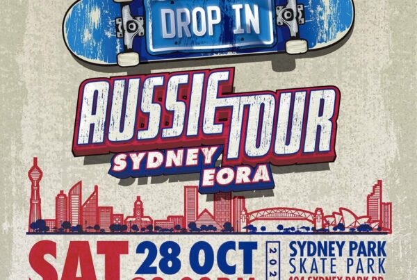 Red Bull Drop In Tour Sydney Eora poster with event information, skateboarding and local city visuals, as well as date details.