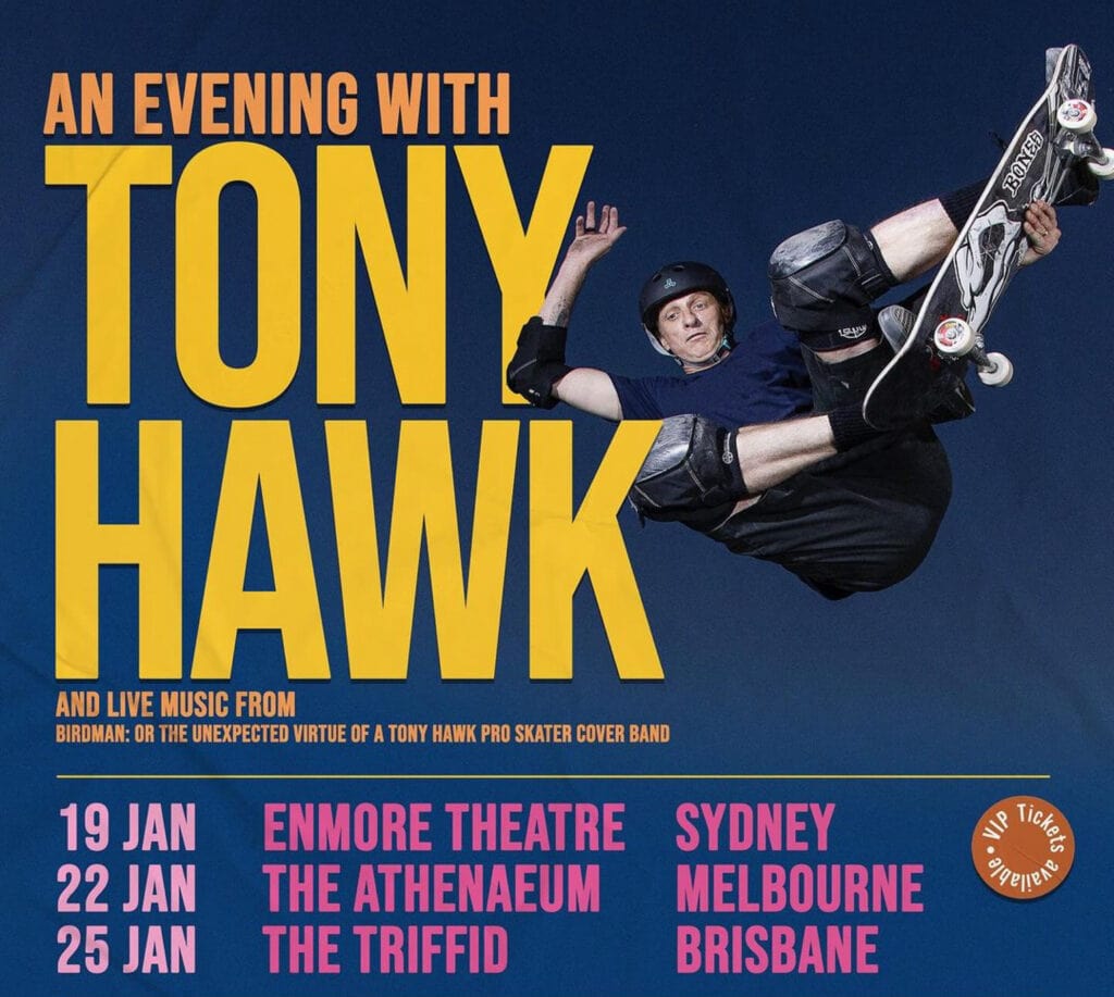 Tony Hawk Australian tour promotional banner featuring The Birdman executing a stylish frontside stalefish air, along with event details.