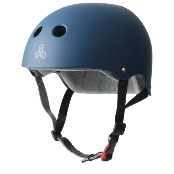 Frontal view of Triple 8 Certified Helmet SS in Blue Rubber, showcasing sleek design and white Triple 8 logo.