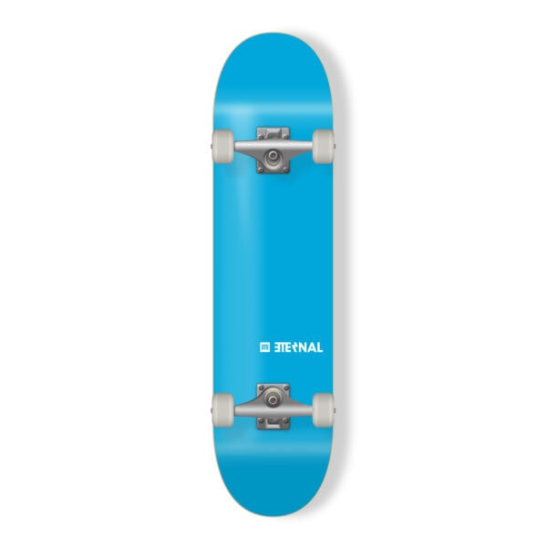 Neon blue complete skateboard with silver trucks and white wheels.