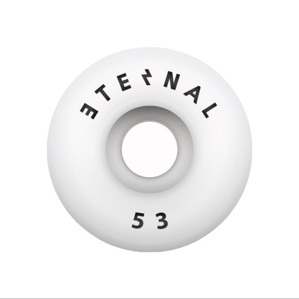 White skateboard wheel with Eternal wordmark in black, featuring a minimalist and clean design.